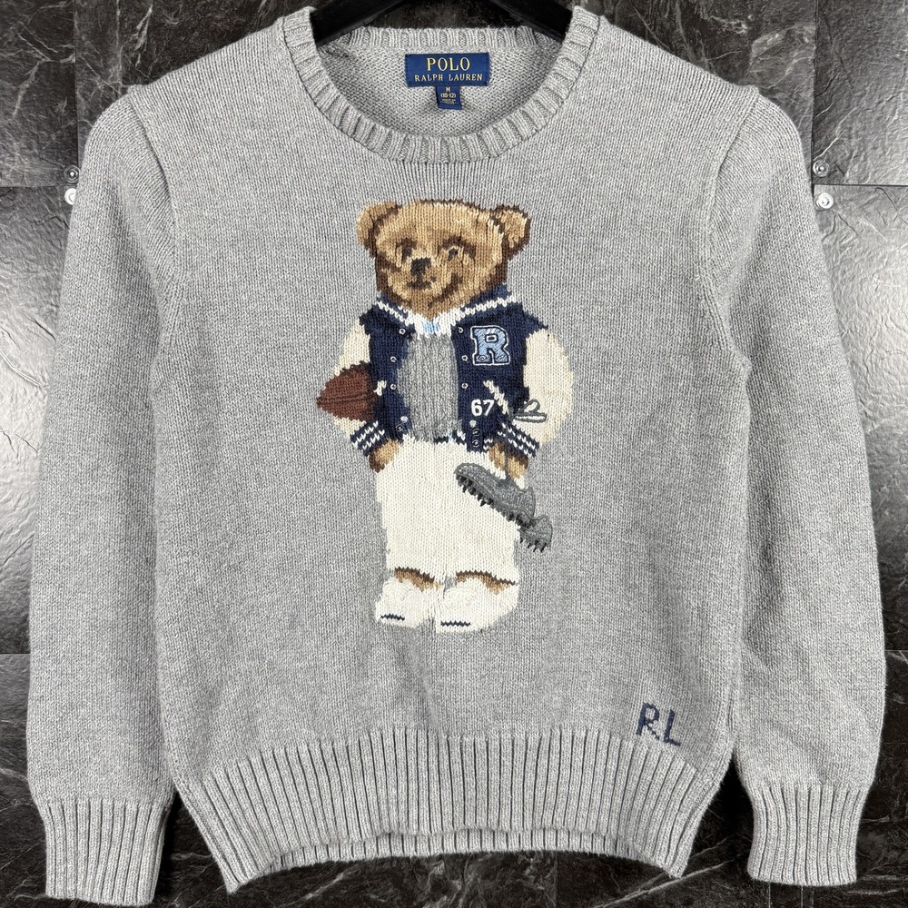 Polo Ralph Lauren Boy's Grey Football Polo Bear Knit Sweater Medium (10)